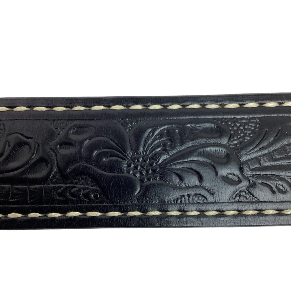 Justin Tooled Black Leather Belt Eagle Buckle Solid Brass Mens 28 Made In USA NW - Picture 3 of 9